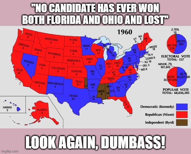 Trump's lies are so easily disproven | "NO CANDIDATE HAS EVER WON BOTH FLORIDA AND OHIO AND LOST"; LOOK AGAIN, DUMBASS! | image tagged in trump,election 2020,voter fraud,loser,gop scammer | made w/ Imgflip meme maker