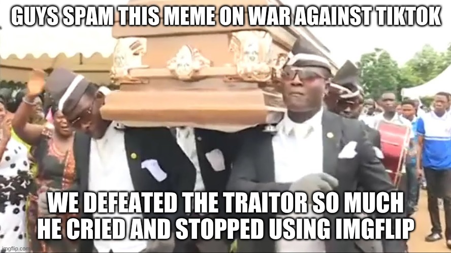 SPAM IT, LETS PARTY | GUYS SPAM THIS MEME ON WAR AGAINST TIKTOK; WE DEFEATED THE TRAITOR SO MUCH HE CRIED AND STOPPED USING IMGFLIP | image tagged in coffin dance | made w/ Imgflip meme maker