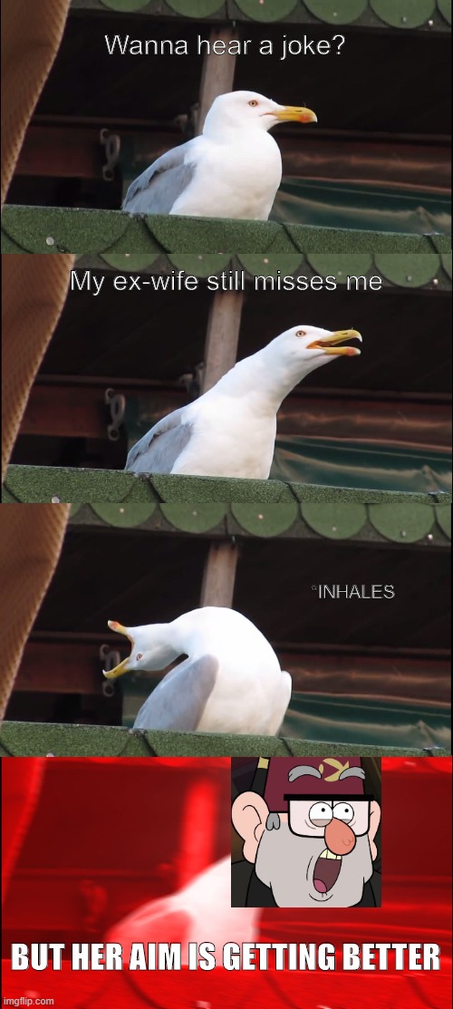 Inhaling Seagull Meme | Wanna hear a joke? My ex-wife still misses me; *INHALES; BUT HER AIM IS GETTING BETTER | image tagged in memes,inhaling seagull | made w/ Imgflip meme maker