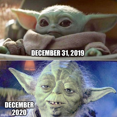 Yoda 2020 | DECEMBER 31, 2019; DECEMBER 2020 | image tagged in baby yoda vs old yoda,2020,2020 aging | made w/ Imgflip meme maker