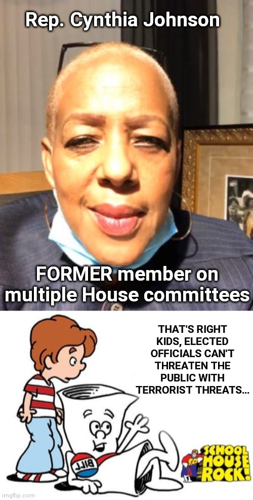 FORMER member of the House Oversite committee | Rep. Cynthia Johnson; FORMER member on multiple House committees; THAT'S RIGHT KIDS, ELECTED OFFICIALS CAN'T THREATEN THE PUBLIC WITH TERRORIST THREATS... | image tagged in cynthia johnson,terrorist,democratic party,social media,racist,threats | made w/ Imgflip meme maker