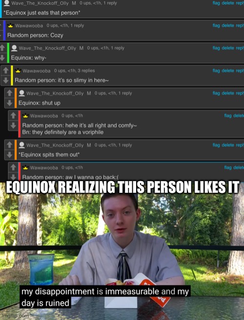 Goal of Equinox: make everything suffer | EQUINOX REALIZING THIS PERSON LIKES IT | image tagged in my disappointment is immeasurable | made w/ Imgflip meme maker