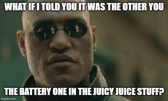 Matrix Morpheus Meme | WHAT IF I TOLD YOU IT WAS THE OTHER YOU THE BATTERY ONE IN THE JUICY JUICE STUFF? | image tagged in memes,matrix morpheus | made w/ Imgflip meme maker