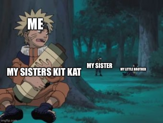 When you walk in the kitchen and see a King Sized Kit Kat that non body took a bite out of then while you eat it you find out it | ME; MY LITTLE BROTHER; MY SISTER; MY SISTERS KIT KAT | image tagged in naruto hiding | made w/ Imgflip meme maker
