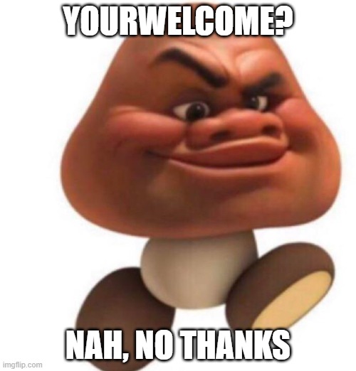 Got em | YOURWELCOME? NAH, NO THANKS | image tagged in maui goomba | made w/ Imgflip meme maker