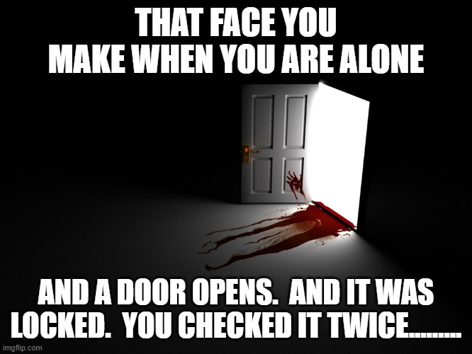 bloody horror open door | THAT FACE YOU MAKE WHEN YOU ARE ALONE AND A DOOR OPENS.  AND IT WAS LOCKED.  YOU CHECKED IT TWICE......... | image tagged in bloody horror open door | made w/ Imgflip meme maker
