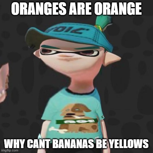 Ngyes | ORANGES ARE ORANGE; WHY CANT BANANAS BE YELLOWS | image tagged in splatoon | made w/ Imgflip meme maker