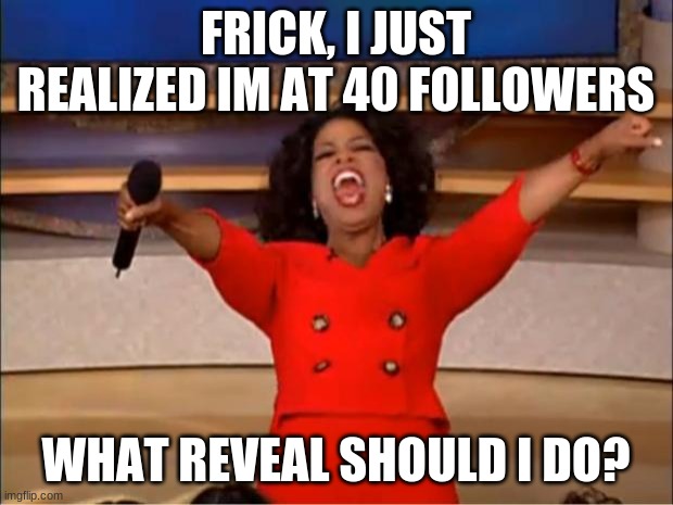 Oprah You Get A Meme | FRICK, I JUST REALIZED IM AT 40 FOLLOWERS; WHAT REVEAL SHOULD I DO? | image tagged in memes,oprah you get a | made w/ Imgflip meme maker