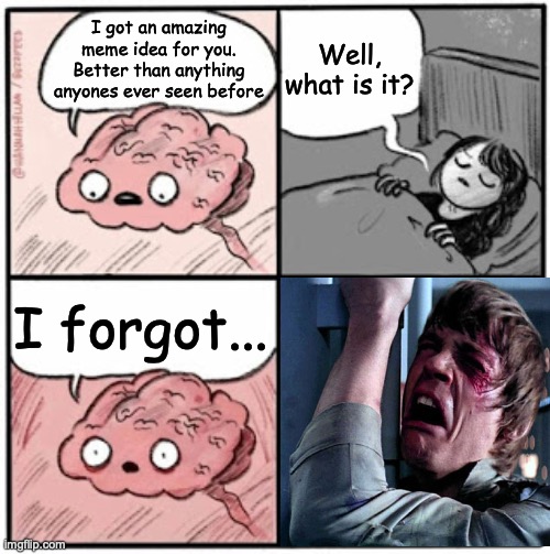 Brain Before Sleep | Well, what is it? I got an amazing meme idea for you. Better than anything anyones ever seen before; I forgot... | image tagged in brain before sleep | made w/ Imgflip meme maker