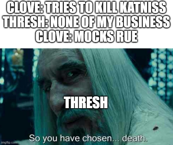 So you have chosen death | CLOVE: TRIES TO KILL KATNISS
THRESH: NONE OF MY BUSINESS
CLOVE: MOCKS RUE; THRESH | image tagged in so you have chosen death | made w/ Imgflip meme maker