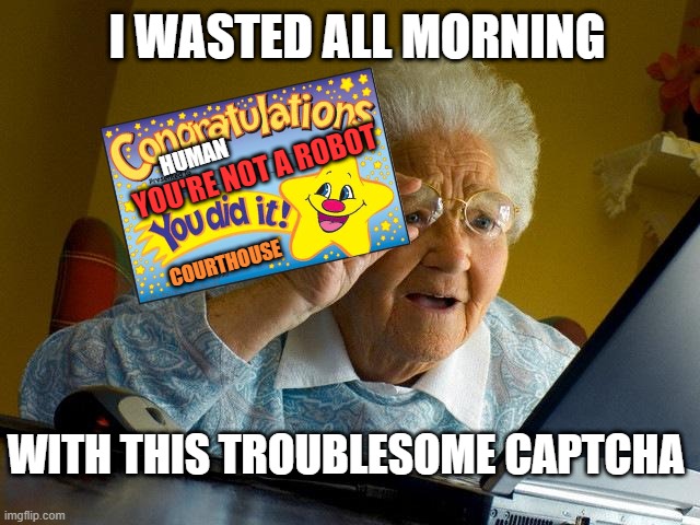 documented grandma | I WASTED ALL MORNING; YOU'RE NOT A ROBOT; HUMAN; COURTHOUSE; WITH THIS TROUBLESOME CAPTCHA | image tagged in memes,grandma finds the internet | made w/ Imgflip meme maker