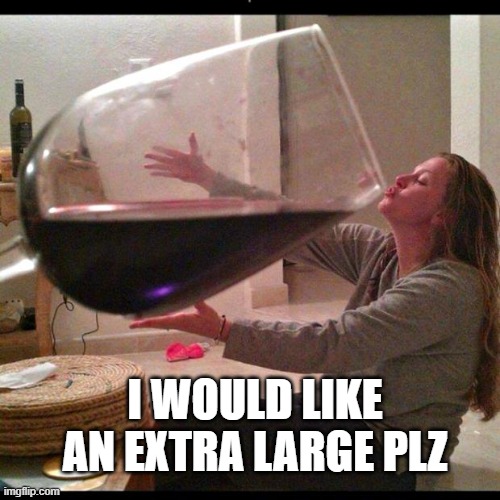 Wine Drinker | I WOULD LIKE AN EXTRA LARGE PLZ | image tagged in wine drinker | made w/ Imgflip meme maker
