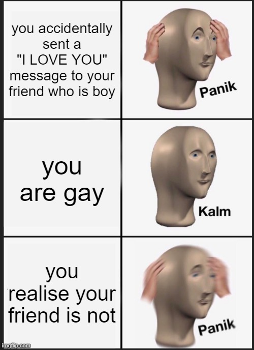 Panik Kalm Panik Meme | you accidentally sent a "I LOVE YOU" message to your friend who is boy; you are gay; you realise your friend is not | image tagged in memes,panik kalm panik | made w/ Imgflip meme maker