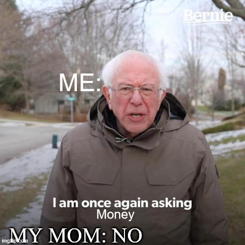I never get money /: | ME:; Money; MY MOM: NO | image tagged in memes,bernie i am once again asking for your support,funny memes,meme | made w/ Imgflip meme maker