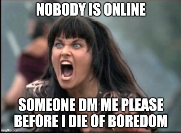 Submit friend request to random people on imgflip hell...I mean msmg | NOBODY IS ONLINE; SOMEONE DM ME PLEASE BEFORE I DIE OF BOREDOM | image tagged in screaming woman | made w/ Imgflip meme maker