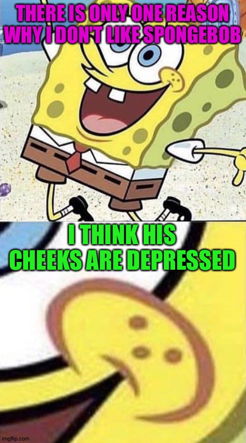 His cheeks are bothering me... | THERE IS ONLY ONE REASON WHY I DON'T LIKE SPONGEBOB; I THINK HIS CHEEKS ARE DEPRESSED | image tagged in memes,funny,spongebob,sad,cheeks,depression | made w/ Imgflip meme maker
