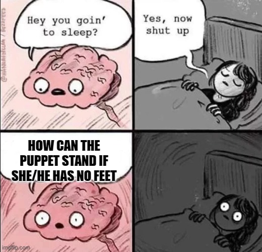 HMMMMMMMMMMMMMMMMMMMMMMMMMMMMMMMMM | HOW CAN THE PUPPET STAND IF SHE/HE HAS NO FEET | image tagged in waking up brain | made w/ Imgflip meme maker