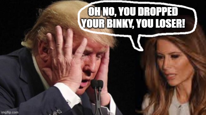 Loser Trump Dropped His Binky | OH NO, YOU DROPPED
YOUR BINKY, YOU LOSER! | image tagged in trump,melania,loser,baby,sore loser,whiners | made w/ Imgflip meme maker