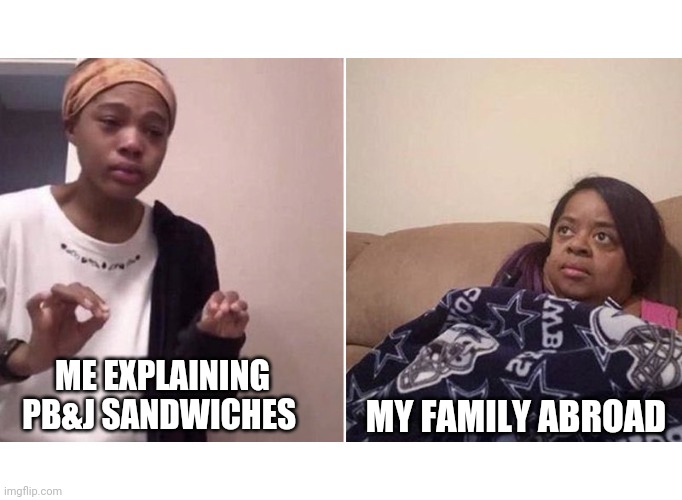 Me explaining to my mom | ME EXPLAINING PB&J SANDWICHES; MY FAMILY ABROAD | image tagged in me explaining to my mom,pbandj,peanut butter | made w/ Imgflip meme maker