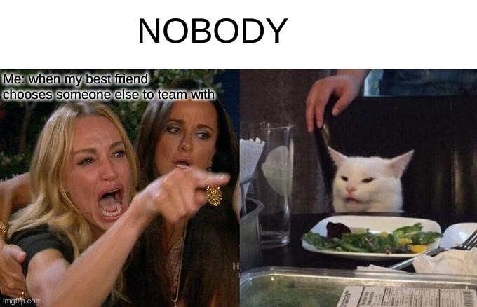 Woman Yelling At Cat Meme | NOBODY; Me: when my best friend chooses someone else to team with | image tagged in memes,woman yelling at cat | made w/ Imgflip meme maker