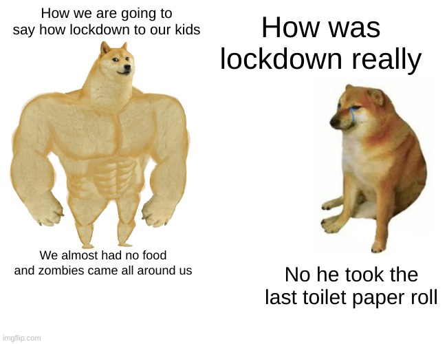 lockdown | How we are going to say how lockdown to our kids; How was lockdown really; We almost had no food and zombies came all around us; No he took the last toilet paper roll | image tagged in memes,buff doge vs cheems | made w/ Imgflip meme maker