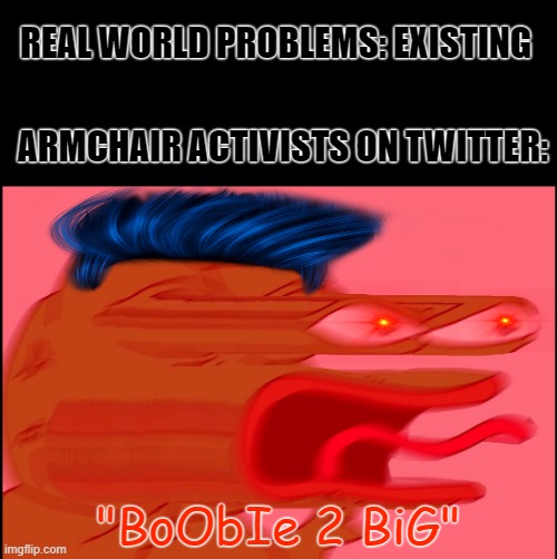 "I fIxEd HeR" | REAL WORLD PROBLEMS: EXISTING; ARMCHAIR ACTIVISTS ON TWITTER:; "BoObIe 2 BiG" | image tagged in anime,twitter | made w/ Imgflip meme maker