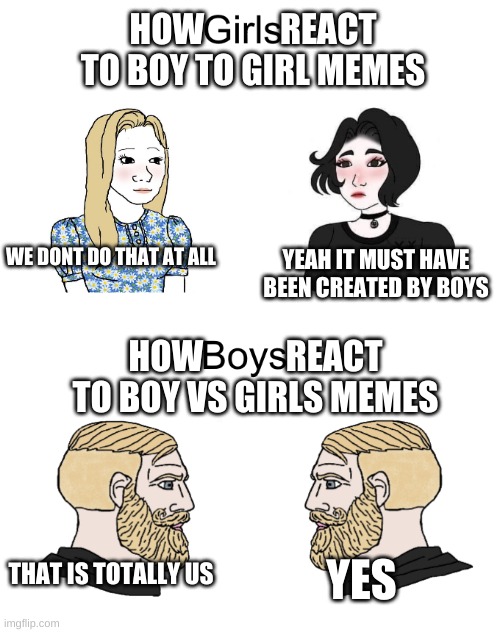 boys vs girls | HOW           REACT TO BOY TO GIRL MEMES; WE DONT DO THAT AT ALL; YEAH IT MUST HAVE BEEN CREATED BY BOYS; HOW            REACT TO BOY VS GIRLS MEMES; THAT IS TOTALLY US; YES | image tagged in boys girls | made w/ Imgflip meme maker