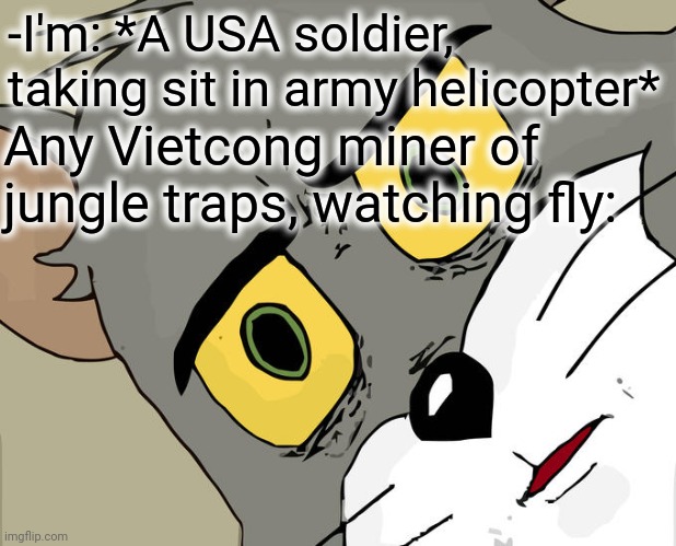 -War at conflict. | -I'm: *A USA soldier, taking sit in army helicopter*; Any Vietcong miner of jungle traps, watching fly: | image tagged in memes,unsettled tom,the most interesting man in yhe jungle,good morning vietnam,soldiers,attack helicopter | made w/ Imgflip meme maker
