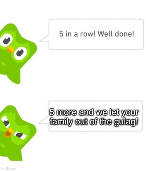 Repost from me.me | 5 more and we let your family out of the gulag! | image tagged in duolingo 5 in a row | made w/ Imgflip meme maker
