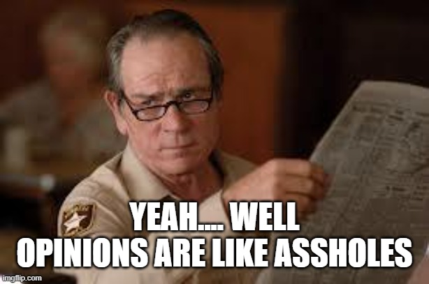 no country for old men tommy lee jones | YEAH.... WELL OPINIONS ARE LIKE ASSHOLES | image tagged in no country for old men tommy lee jones | made w/ Imgflip meme maker