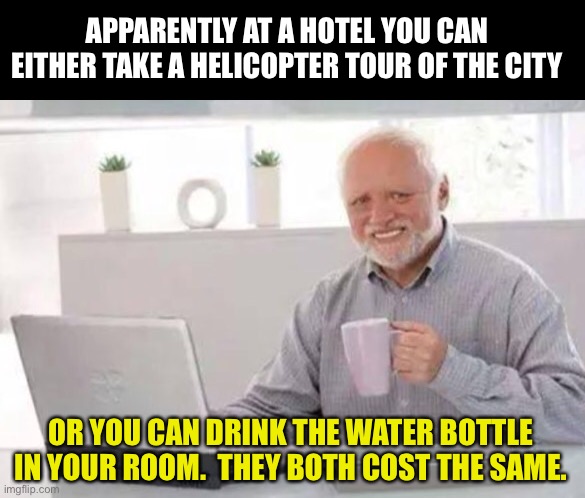Hotel charges | APPARENTLY AT A HOTEL YOU CAN EITHER TAKE A HELICOPTER TOUR OF THE CITY; OR YOU CAN DRINK THE WATER BOTTLE IN YOUR ROOM.  THEY BOTH COST THE SAME. | image tagged in harold | made w/ Imgflip meme maker