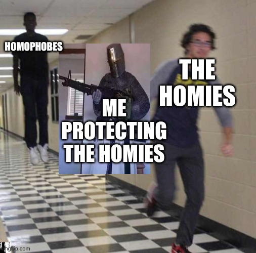 floating boy chasing running boy | HOMOPHOBES; THE HOMIES; ME PROTECTING THE HOMIES | image tagged in floating boy chasing running boy | made w/ Imgflip meme maker