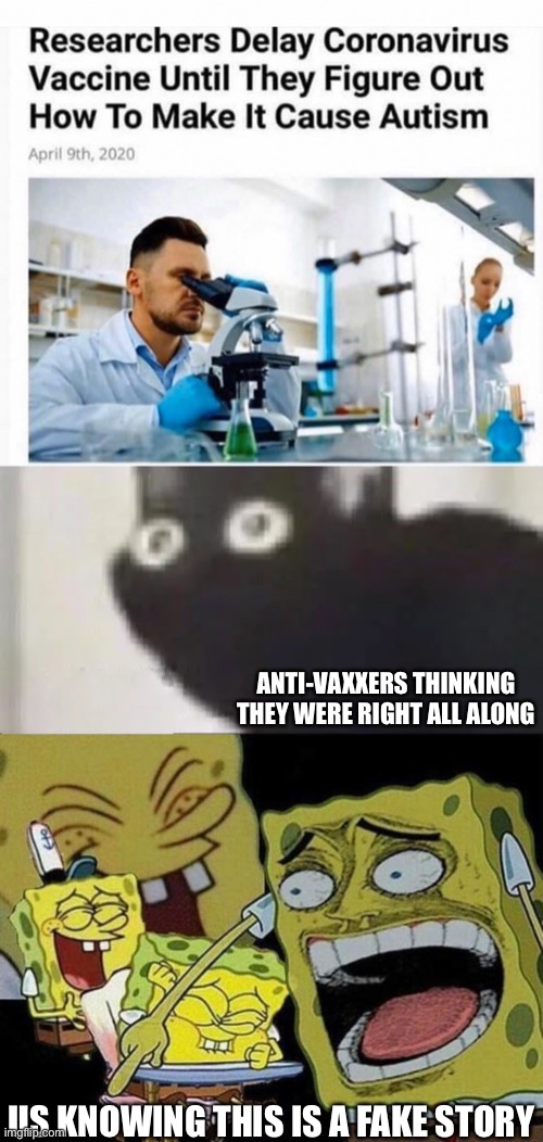 Ha ha, media stupid meme go brrr | ANTI-VAXXERS THINKING THEY WERE RIGHT ALL ALONG; US KNOWING THIS IS A FAKE STORY | image tagged in oh no black cat,spongebob laughing hysterically | made w/ Imgflip meme maker