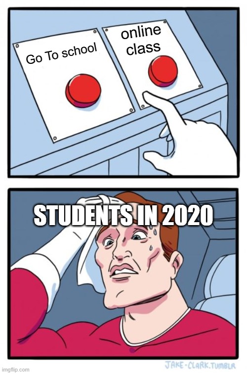 2020 dilemma | online class; Go To school; STUDENTS IN 2020 | image tagged in memes,two buttons | made w/ Imgflip meme maker
