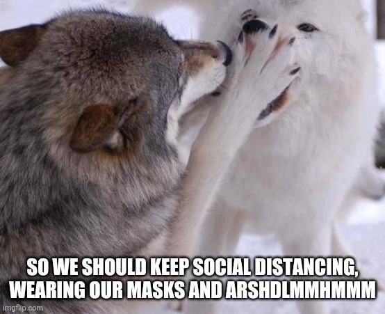 Don't you have anything else to say ever? Get some sun? Work on your immune system? Cut the sugar? No? | SO WE SHOULD KEEP SOCIAL DISTANCING, WEARING OUR MASKS AND ARSHDLMMHMMM | image tagged in shutup and talk to the hand,covid-19,coronavirus,mainstream media | made w/ Imgflip meme maker
