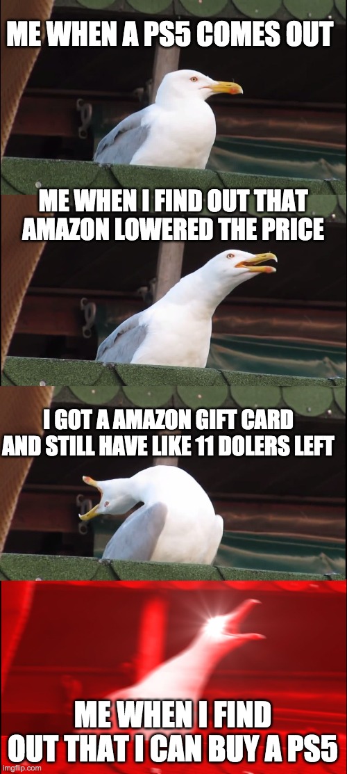 Inhaling Seagull Meme | ME WHEN A PS5 COMES OUT; ME WHEN I FIND OUT THAT AMAZON LOWERED THE PRICE; I GOT A AMAZON GIFT CARD AND STILL HAVE LIKE 11 DOLERS LEFT; ME WHEN I FIND OUT THAT I CAN BUY A PS5 | image tagged in memes,inhaling seagull | made w/ Imgflip meme maker