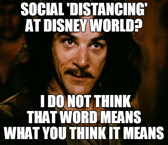 Let's go to Distance World | SOCIAL 'DISTANCING' AT DISNEY WORLD? I DO NOT THINK THAT WORD MEANS WHAT YOU THINK IT MEANS | image tagged in memes,inigo montoya,disney | made w/ Imgflip meme maker
