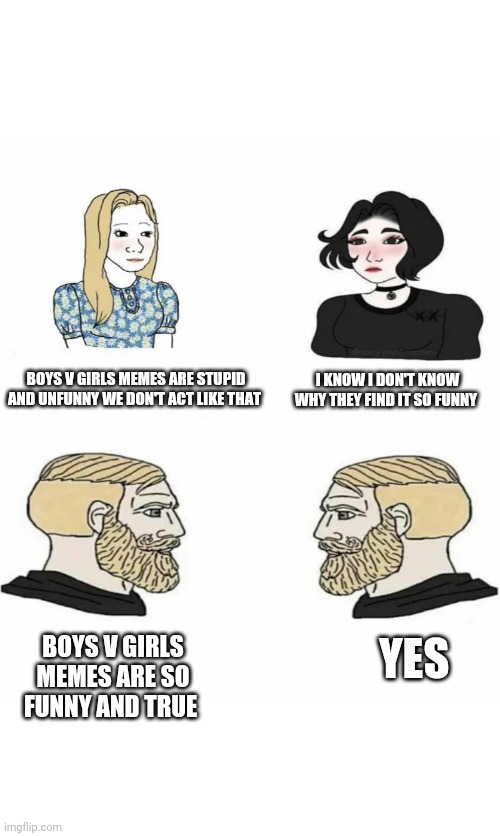 Boys vs Girls | I KNOW I DON'T KNOW WHY THEY FIND IT SO FUNNY; BOYS V GIRLS MEMES ARE STUPID AND UNFUNNY WE DON'T ACT LIKE THAT; YES; BOYS V GIRLS MEMES ARE SO FUNNY AND TRUE | image tagged in boys vs girls | made w/ Imgflip meme maker