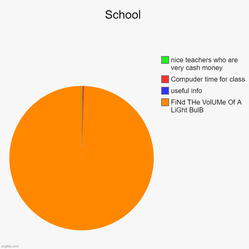 School | FiNd THe VolUMe Of A LiGht BulB, useful info, Compuder time for class, nice teachers who are very cash money | image tagged in charts,pie charts | made w/ Imgflip chart maker