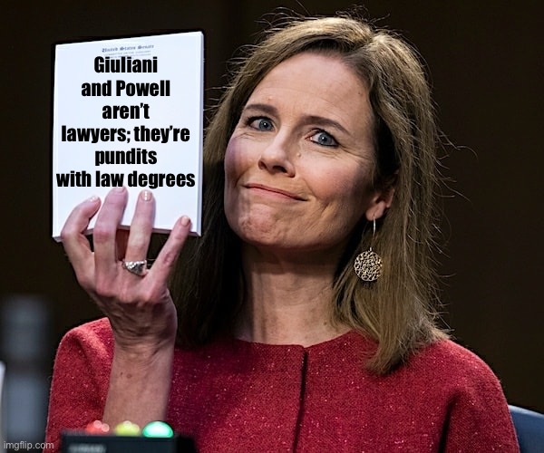 What a nice SCOTUS order handing out sanctions and disbarment would say at this point. | Giuliani and Powell aren’t lawyers; they’re pundits with law degrees | image tagged in amy coney barrett blank notes,scotus,supreme court,lawyers,election 2020,2020 elections | made w/ Imgflip meme maker