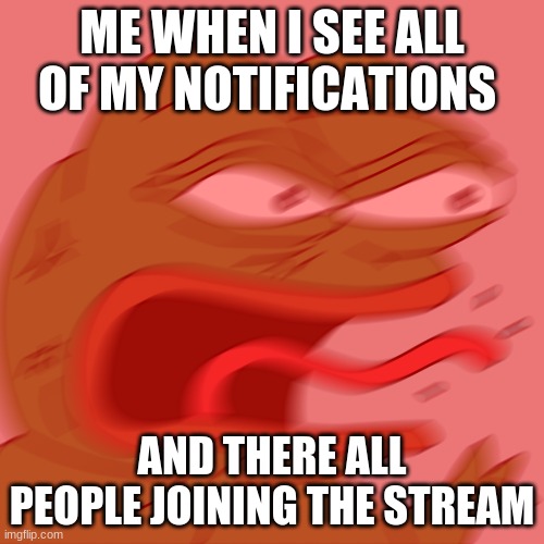 REEEEEEEEEEEEEEEEEEEE | ME WHEN I SEE ALL OF MY NOTIFICATIONS; AND THERE ALL PEOPLE JOINING THE STREAM | image tagged in rage pepe | made w/ Imgflip meme maker