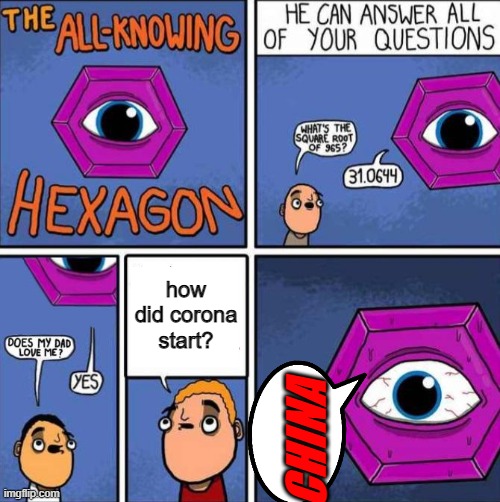 M A D E I N C H I N A (not actually true...) | how did corona start? CHINA | image tagged in all knowing hexagon original | made w/ Imgflip meme maker