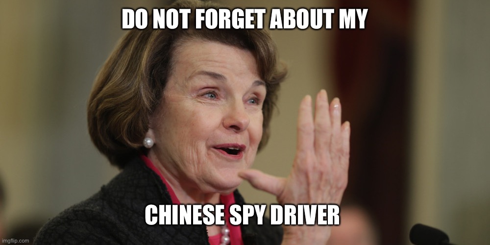 Diane Feinstein | DO NOT FORGET ABOUT MY CHINESE SPY DRIVER | image tagged in diane feinstein | made w/ Imgflip meme maker