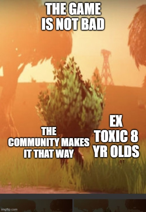 Community in a nutshell | THE GAME IS NOT BAD; THE COMMUNITY MAKES IT THAT WAY; EX TOXIC 8 YR OLDS | image tagged in fortnite bush,fortnite,so true memes,i cant argue against it | made w/ Imgflip meme maker