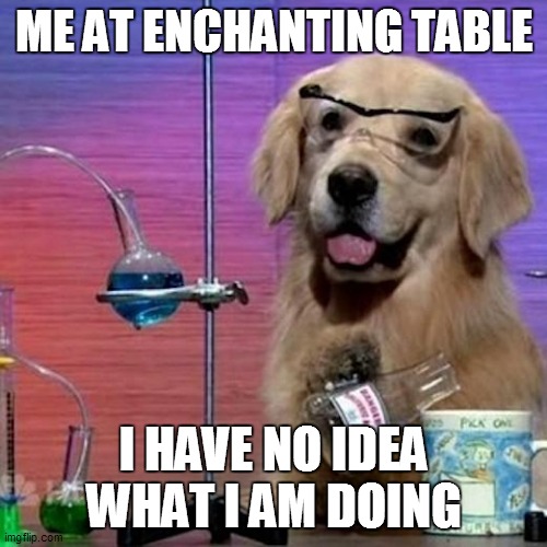 Minecraft Enachanting Table | ME AT ENCHANTING TABLE; I HAVE NO IDEA WHAT I AM DOING | image tagged in memes,i have no idea what i am doing dog,minecraft | made w/ Imgflip meme maker
