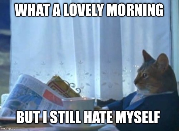 I Should Buy A Boat Cat Meme | WHAT A LOVELY MORNING; BUT I STILL HATE MYSELF | image tagged in memes,i should buy a boat cat | made w/ Imgflip meme maker