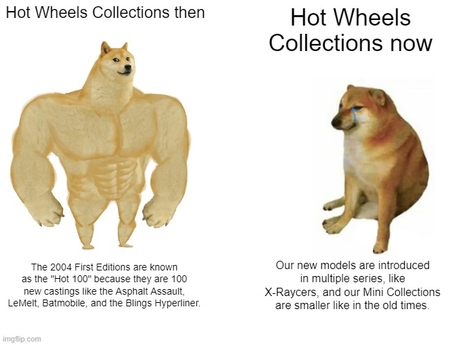 Hot Wheels Collections then VS. Hot Wheels Collections now | Hot Wheels Collections then; Hot Wheels Collections now; The 2004 First Editions are known as the "Hot 100" because they are 100 new castings like the Asphalt Assault, LeMelt, Batmobile, and the Blings Hyperliner. Our new models are introduced in multiple series, like X-Raycers, and our Mini Collections are smaller like in the old times. | image tagged in memes,buff doge vs cheems,hot wheels,collection,cars | made w/ Imgflip meme maker