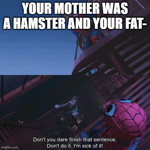 Don't you dare finish that sentence | YOUR MOTHER WAS A HAMSTER AND YOUR FAT- | image tagged in don't you dare finish that sentence | made w/ Imgflip meme maker