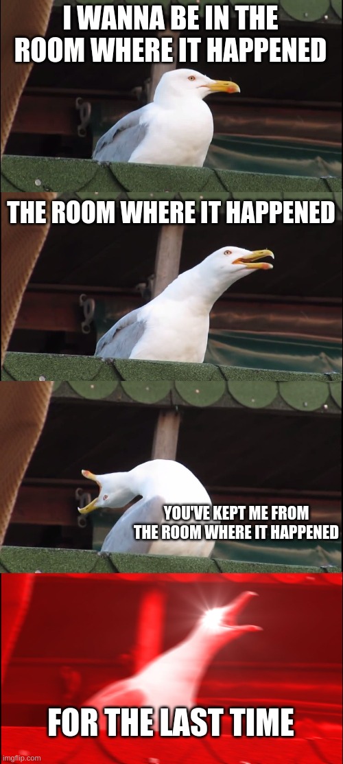 Inhaling Seagull | I WANNA BE IN THE ROOM WHERE IT HAPPENED; THE ROOM WHERE IT HAPPENED; YOU'VE KEPT ME FROM THE ROOM WHERE IT HAPPENED; FOR THE LAST TIME | image tagged in memes,inhaling seagull | made w/ Imgflip meme maker