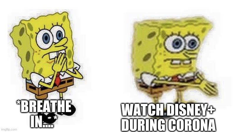 Spongebob in Coronavirus | *BREATHE IN....*; WATCH DISNEY+ DURING CORONA | image tagged in spongebob breathe in boi | made w/ Imgflip meme maker